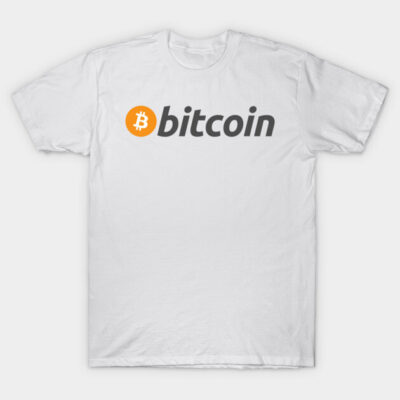 White Bitcoin logo t-shirt, short-sleeve, cotton, casual wear for cryptocurrency enthusiasts.