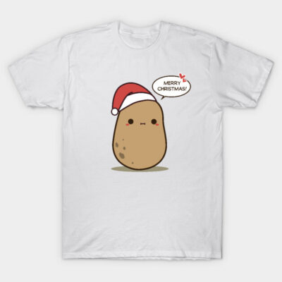 White t-shirt with cute potato graphic wearing Santa hat, saying "Merry Christmas," perfect for festive holiday wear.