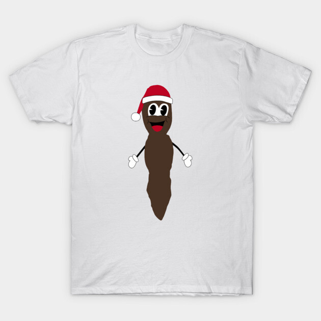 White T-shirt featuring a playful brown character with Santa hat, perfect for novelty holiday wear. Cotton material.