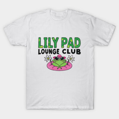 White "Lily Pad Lounge Club" T-shirt with a playful frog design, ideal for casual wear, 100% cotton.