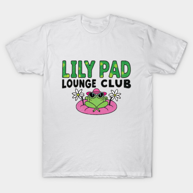 White "Lily Pad Lounge Club" T-shirt with a playful frog design, ideal for casual wear, 100% cotton.
