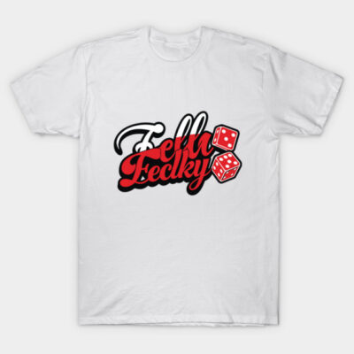 White t-shirt with bold red and black graphic text and dice design, casual style, cotton material, unisex fit.