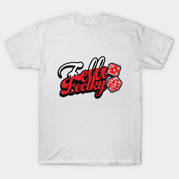 White t-shirt with bold red and black graphic text and dice design, casual style, cotton material, unisex fit.