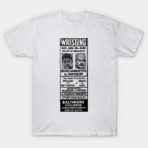 White vintage wrestling poster t-shirt, featuring black print, casual style, perfect for sports enthusiasts and collectors.