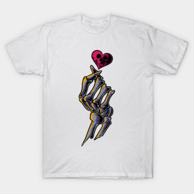 White t-shirt with skeleton hand and heart design, graphic tee, casual wear, cotton material, unisex style.