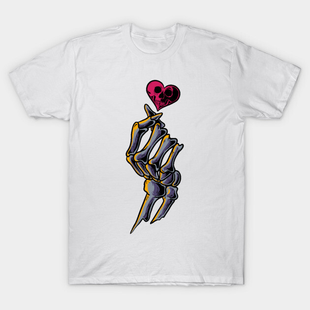 White t-shirt with skeleton hand and heart design, graphic tee, casual wear, cotton material, unisex style.