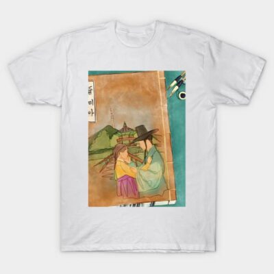White T-shirt with artistic Korean style print, featuring traditional attire and scenery, casual wear, cotton fabric.