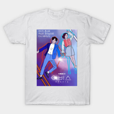 White cotton t-shirt featuring colorful graphic design with abstract figures and Korean text, casual wear.