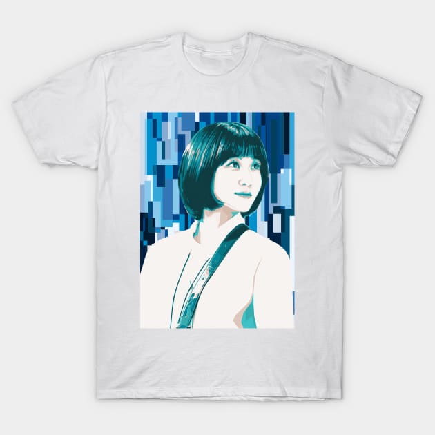 White graphic t-shirt featuring blue abstract geometric portrait design, made from soft cotton, perfect for casual wear.