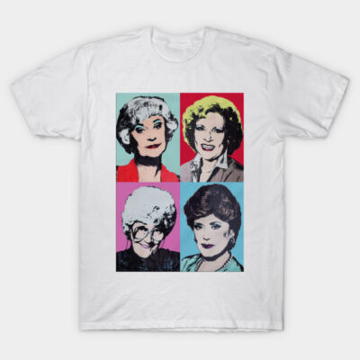 White T-shirt with colorful pop art design, featuring four retro-style portraits, casual wear, cotton material.