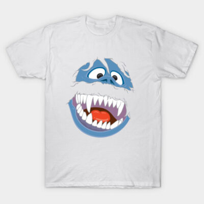 White cotton t-shirt with blue and white cartoon monster face design, perfect for casual wear and style.