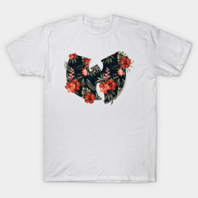 White T-shirt with floral graphic, featuring red and green tropical design, casual wear, cotton fabric.