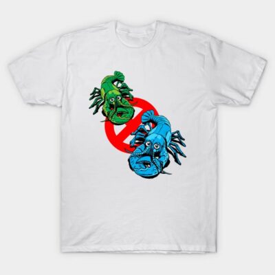 White t-shirt with colorful cartoon lobsters design, featuring red prohibition symbol. Casual wear, cotton material.