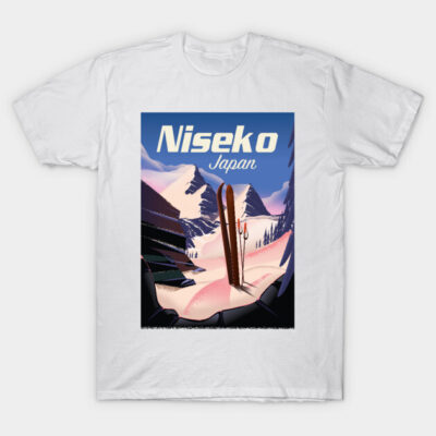 White T-shirt featuring Niseko Japan ski design, perfect for travel enthusiasts; soft cotton, casual wear.