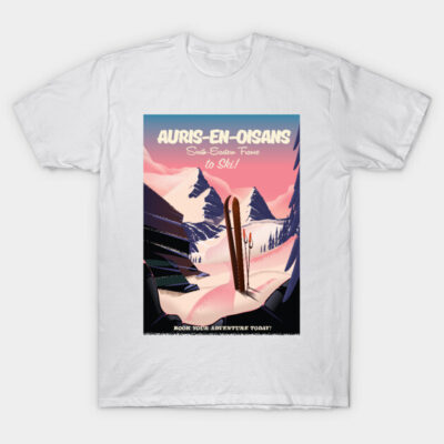 White t-shirt with vintage ski poster design, featuring mountains and skis, ideal for casual winter wear.