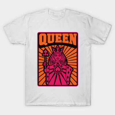 White t-shirt with retro queen playing card design in vibrant orange and pink. Casual wear, cotton fabric, unisex style.