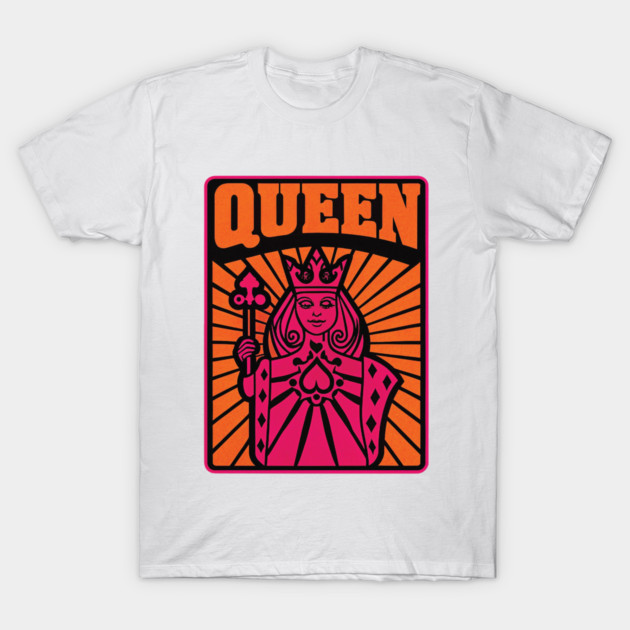 Queen – Bold Retro Royalty Graphic T-Shirt T-Shirt 1 White t-shirt with retro queen playing card design in vibrant orange and pink. Casual wear, cotton fabric, unisex style.