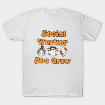 White "Social Worker Boo Crew" t-shirt featuring cute ghost designs, perfect for Halloween or casual wear. Cotton material.