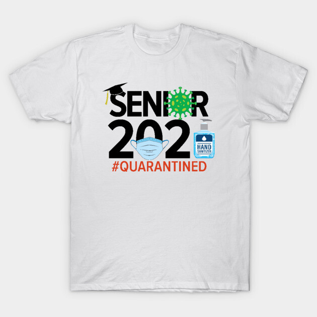 White "Senior 2020 Quarantined" graphic t-shirt with mask and sanitizer design, casual cotton top for graduates.