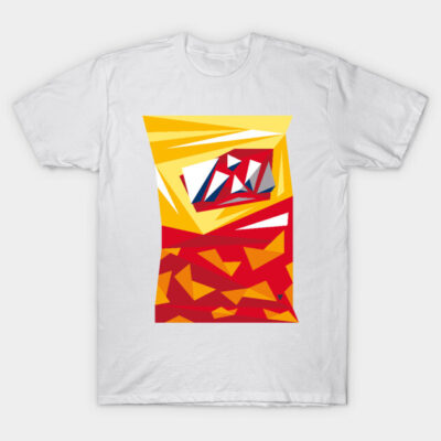 White t-shirt with vibrant geometric abstract design in red, yellow, and blue, perfect for casual wear.