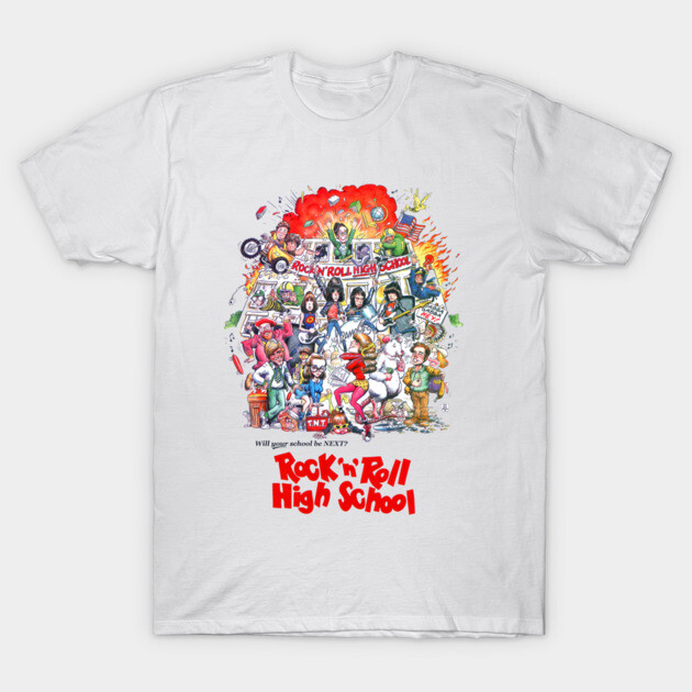 White T-shirt with colorful "Rock 'n' Roll High School" graphic design, casual wear, 100% cotton.