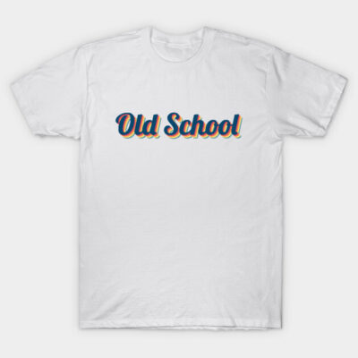 White "Old School" T-shirt with retro multicolor text, casual style, soft cotton material.