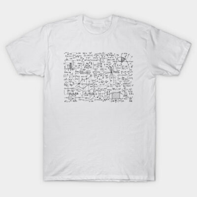 White T-shirt with black math equations design, casual style, cotton material, ideal for math enthusiasts and everyday wear.