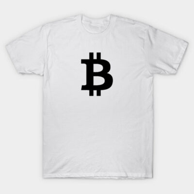 White t-shirt featuring bold black Bitcoin symbol, casual style, ideal for cryptocurrency enthusiasts, 100% cotton.