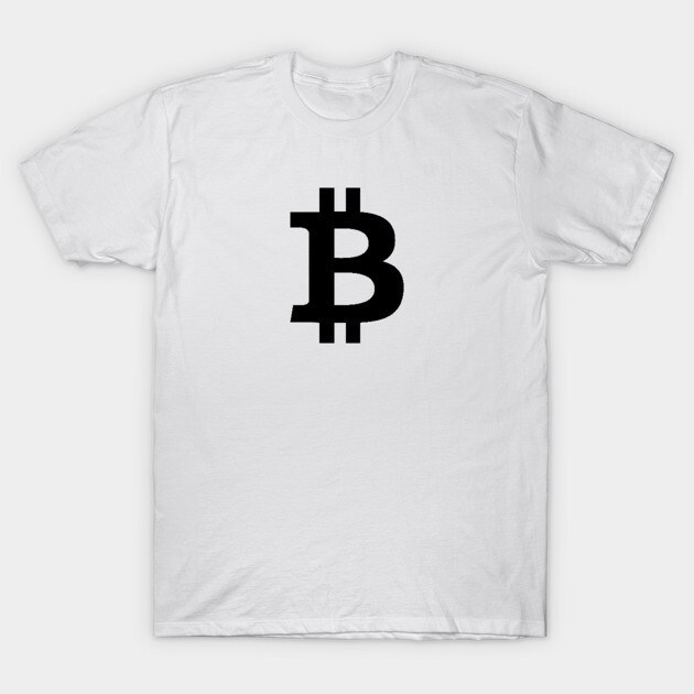 White t-shirt featuring bold black Bitcoin symbol, casual style, ideal for cryptocurrency enthusiasts, 100% cotton.