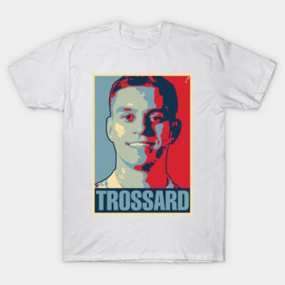 White graphic t-shirt with bold "TROSSARD" print, featuring artistic portrait design. Casual wear, cotton material.