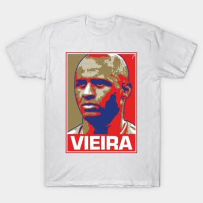White graphic t-shirt featuring bold design with text "Vieira" in red, ideal for casual wear.
