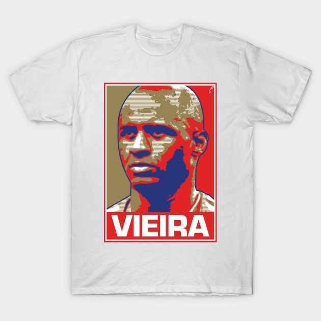 White graphic t-shirt featuring bold design with text "Vieira" in red, ideal for casual wear.