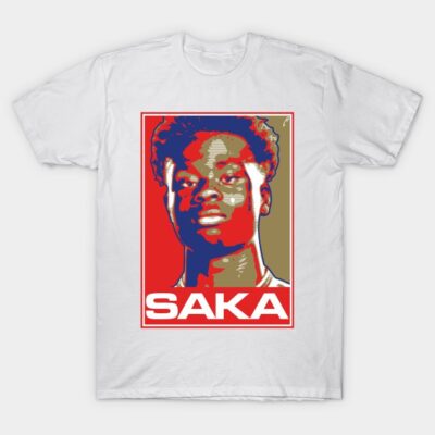 White graphic t-shirt with bold red and beige print design, casual style, made from soft cotton fabric.