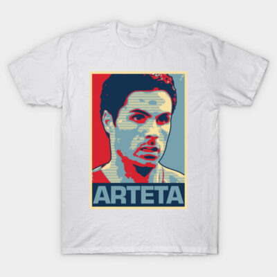 White graphic t-shirt with colorful pop art design, featuring bold "ARTETA" text below. Casual wear, cotton material.