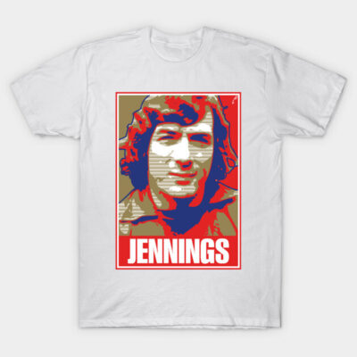 White graphic T-shirt with bold red and beige design featuring "Jennings" text. Casual unisex cotton apparel.
