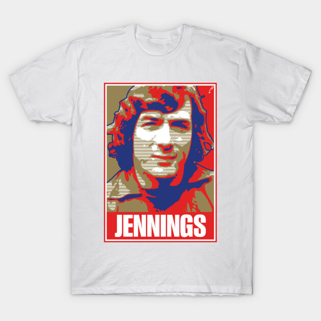 White graphic T-shirt with bold red and beige design featuring "Jennings" text. Casual unisex cotton apparel.