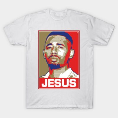 White graphic t-shirt with bold "Jesus" text and artistic design, casual wear, cotton material.