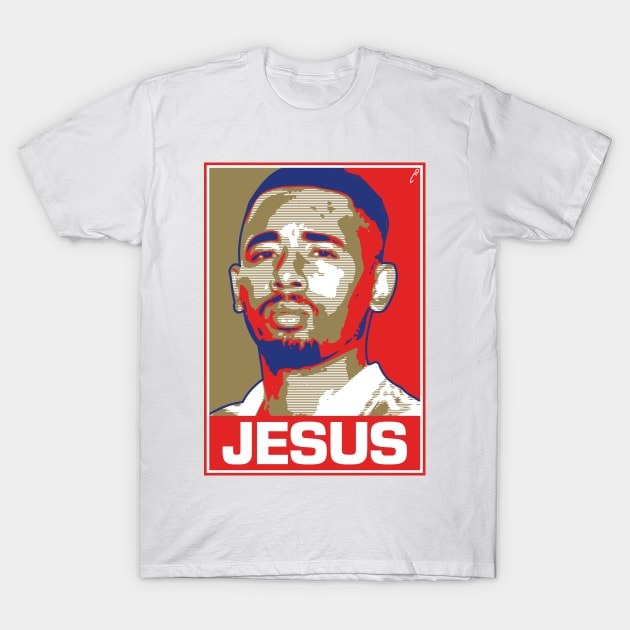 White graphic t-shirt with bold "Jesus" text and artistic design, casual wear, cotton material.