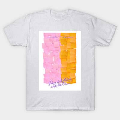 White t-shirt with pink and orange sticky notes design, casual style, cotton material, ideal for everyday wear.