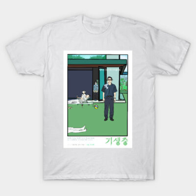 White graphic t-shirt featuring illustrated modern house and garden design, made of 100% cotton for casual wear.