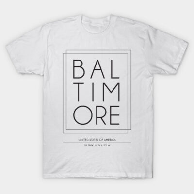 White Baltimore graphic t-shirt, minimalist design, casual wear, cotton fabric, unisex style.