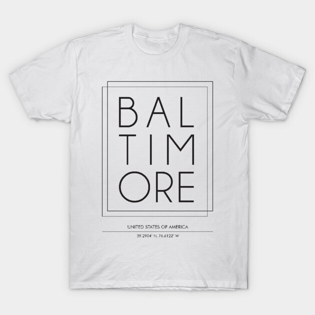 White Baltimore graphic t-shirt, minimalist design, casual wear, cotton fabric, unisex style.