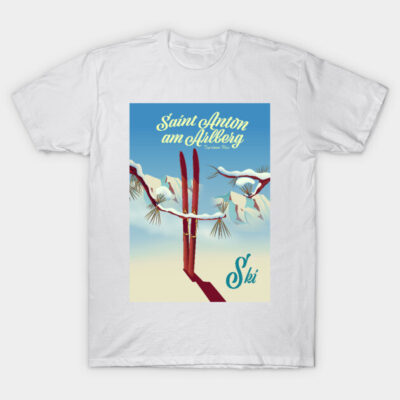 White T-shirt featuring vintage Saint Anton am Arlberg ski poster design, perfect for casual wear or ski enthusiasts.