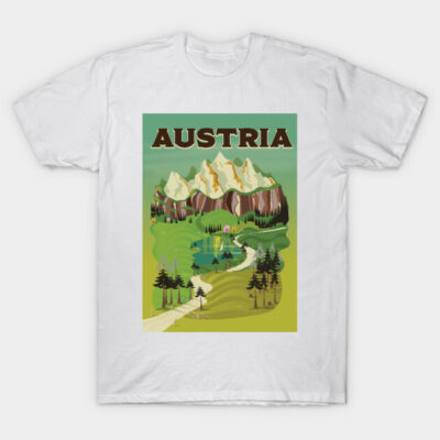 White t-shirt featuring Austria mountain landscape graphic, vibrant green scenery, ideal for casual wear and travel enthusiasts.