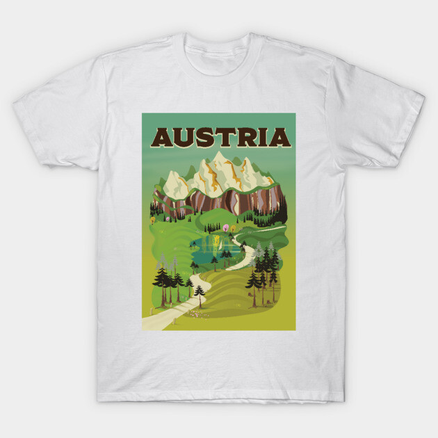 White t-shirt featuring Austria mountain landscape graphic, vibrant green scenery, ideal for casual wear and travel enthusiasts.