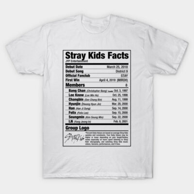 White t-shirt featuring black text design with band facts, suitable for casual wear, 100% cotton, unisex style.