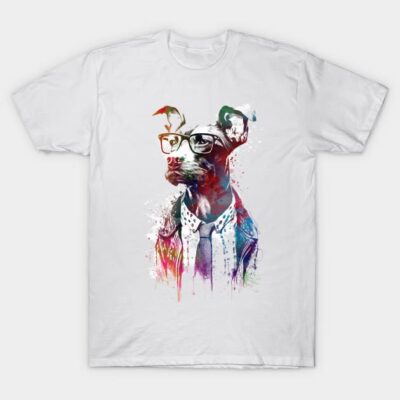 White t-shirt with colorful abstract dog wearing glasses and suit design, perfect for casual wear.