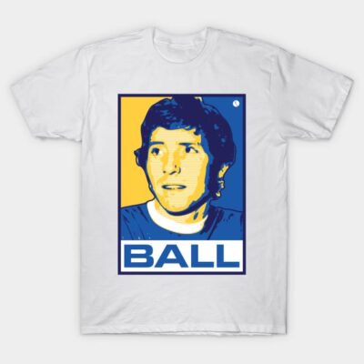 White graphic t-shirt with blue and yellow retro-style design and "BALL" text, casual cotton apparel.