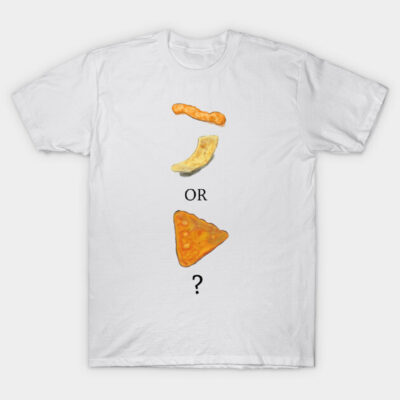 White T-shirt with humorous snack choice design featuring cheese puff, chip, and nacho illustrations.