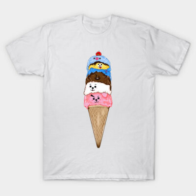 White t-shirt with colorful ice cream cone design featuring cute animal faces, casual wear, cotton material.
